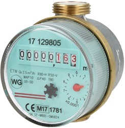 Watermeter Warmwater 1/2" - 80 mm inbouwlengte 3/4" buitendraad